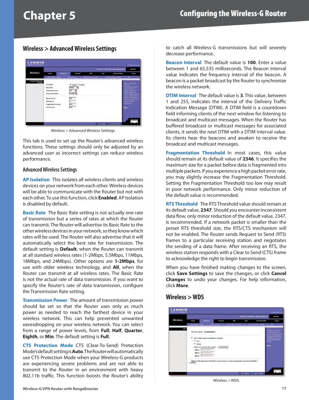 Linksys WRV200 manual Wireless Advanced Wireless Settings, Wireless WDS 