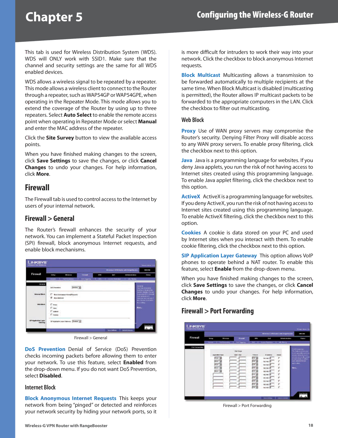 Linksys WRV200 manual Firewall General, Firewall Port Forwarding, Internet Block, Web Block 