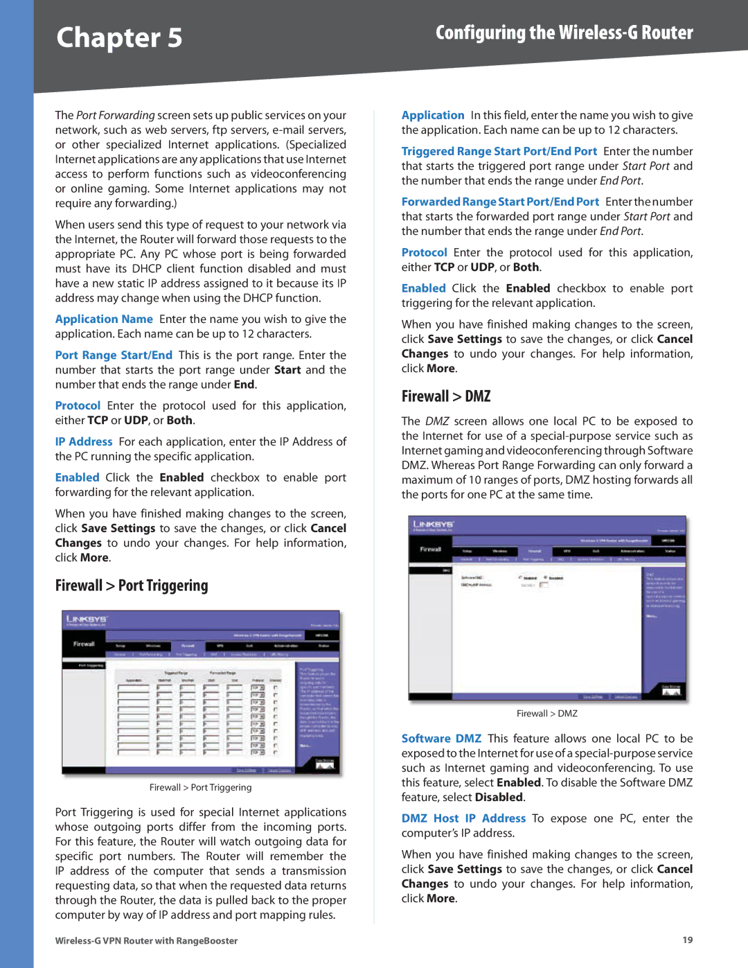 Linksys WRV200 manual Firewall Port Triggering, Firewall DMZ 