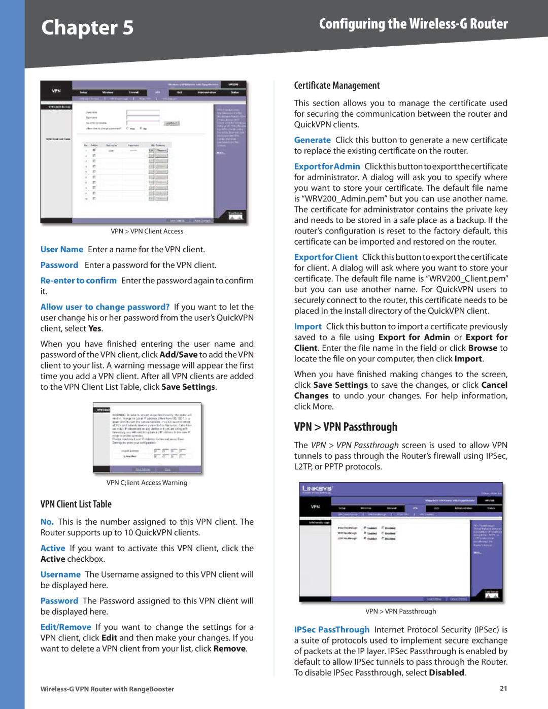 Linksys WRV200 manual VPN VPN Passthrough, VPN Client List Table, Certificate Management 