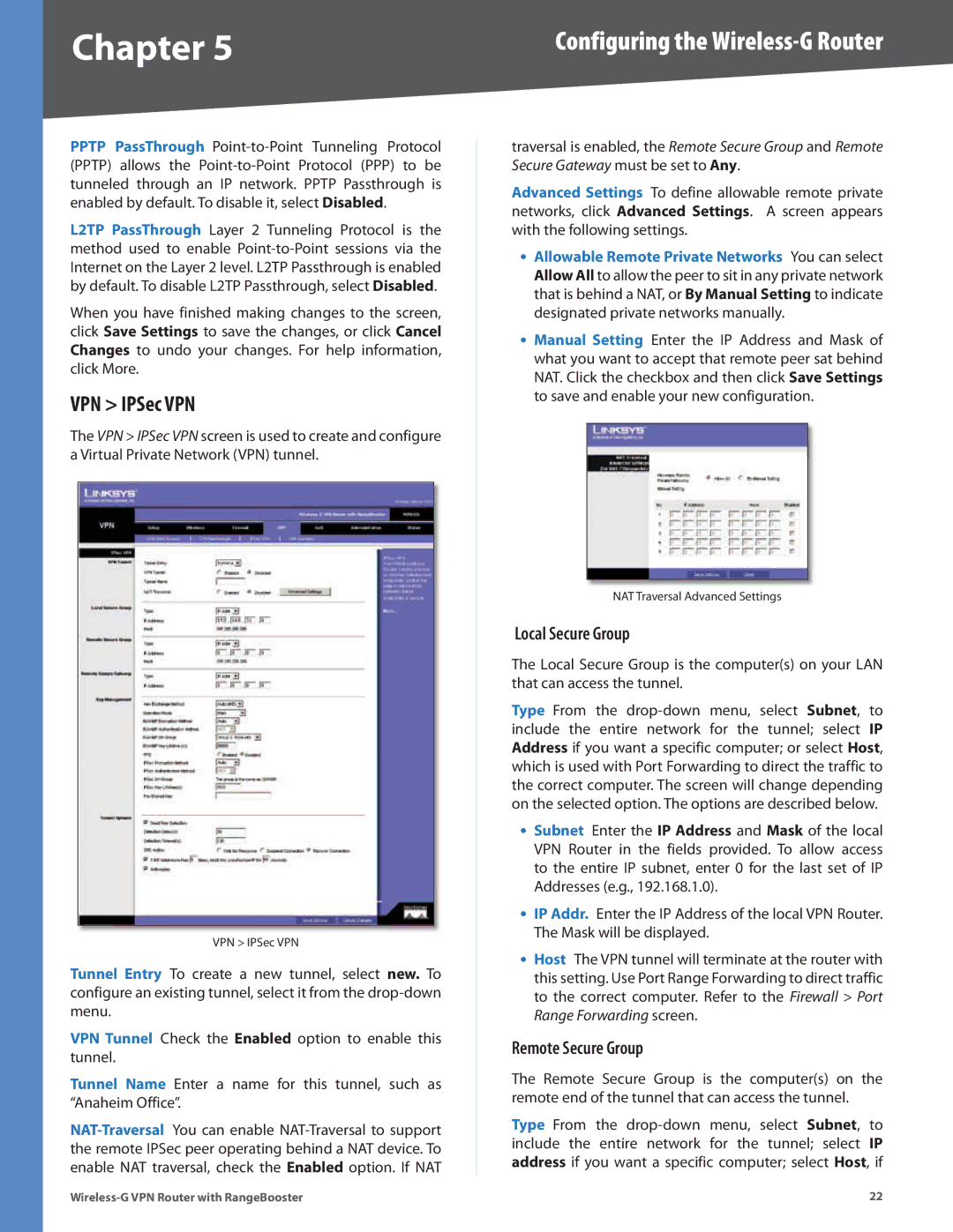 Linksys WRV200 manual VPN IPSec VPN, Local Secure Group, Remote Secure Group 
