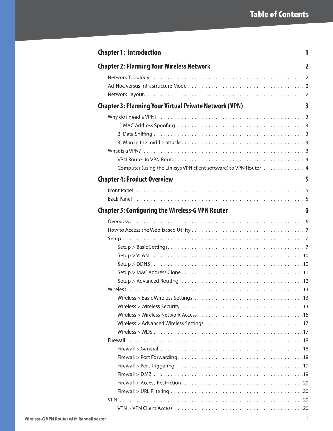 Linksys WRV200 manual Table of Contents 