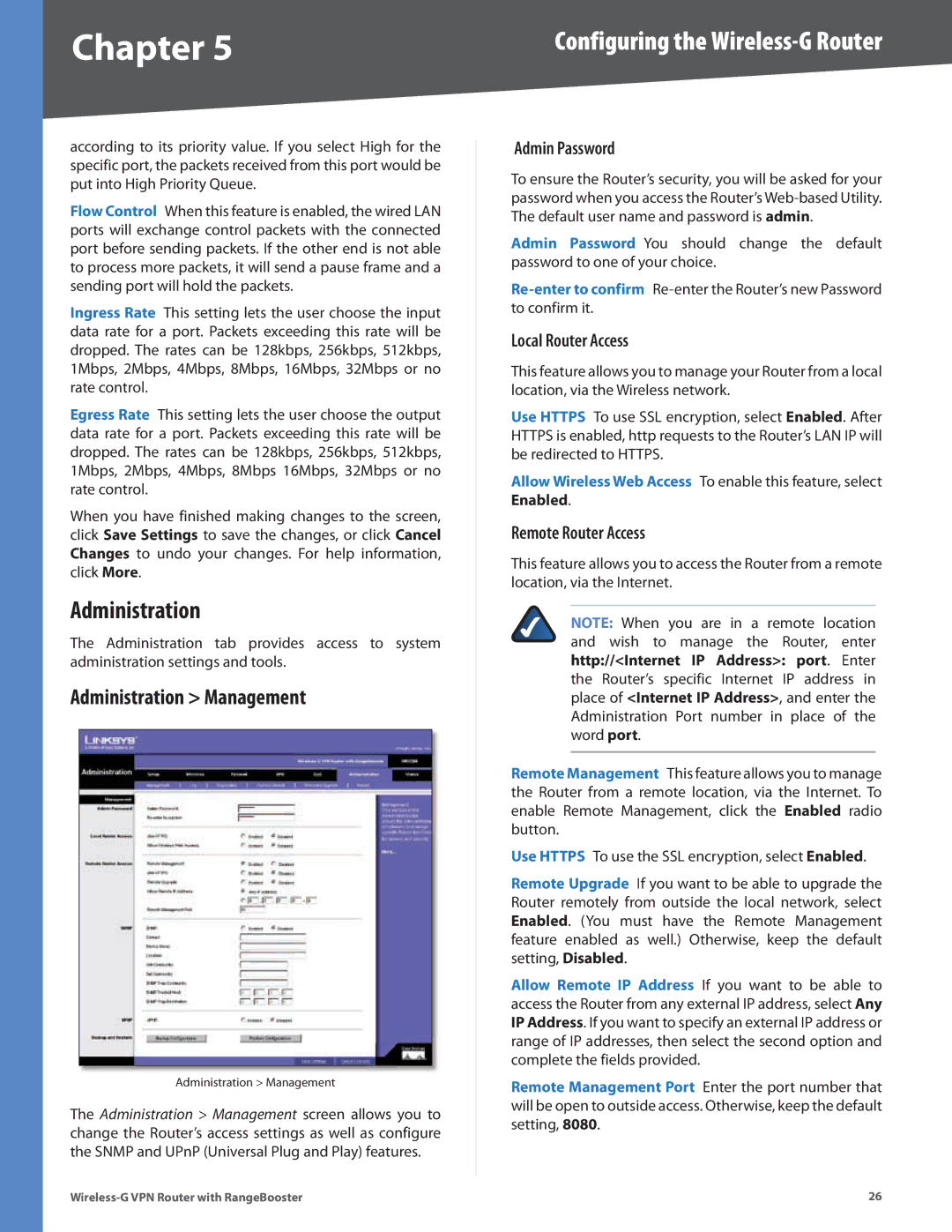 Linksys WRV200 manual Administration Management, Admin Password, Local Router Access, Remote Router Access 