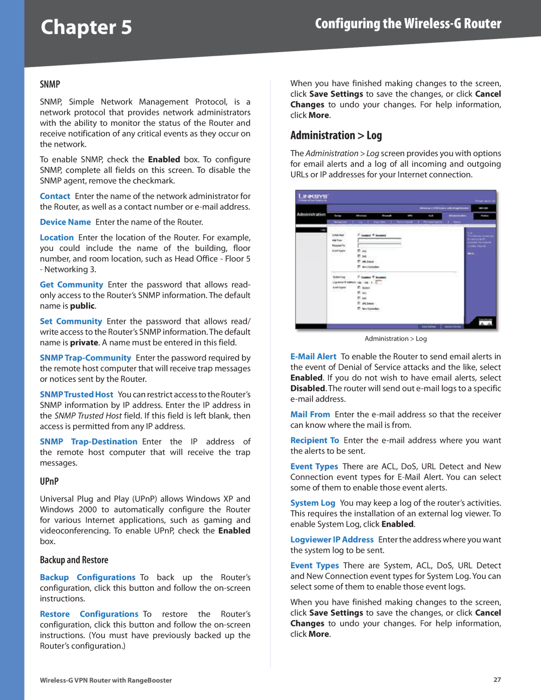 Linksys WRV200 manual Administration Log, UPnP, Backup and Restore 