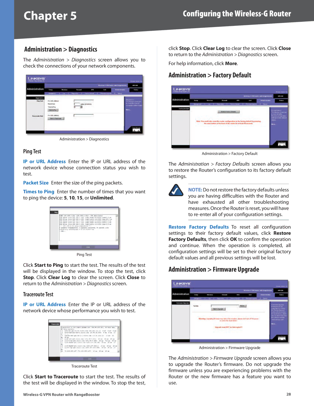 Linksys WRV200 Administration Diagnostics, Administration Factory Default, Administration Firmware Upgrade, Ping Test 