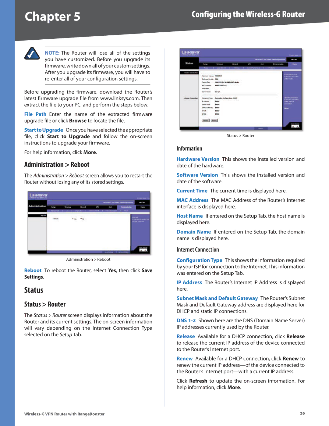 Linksys WRV200 manual Administration Reboot, Status Router, Information, Internet Connection 