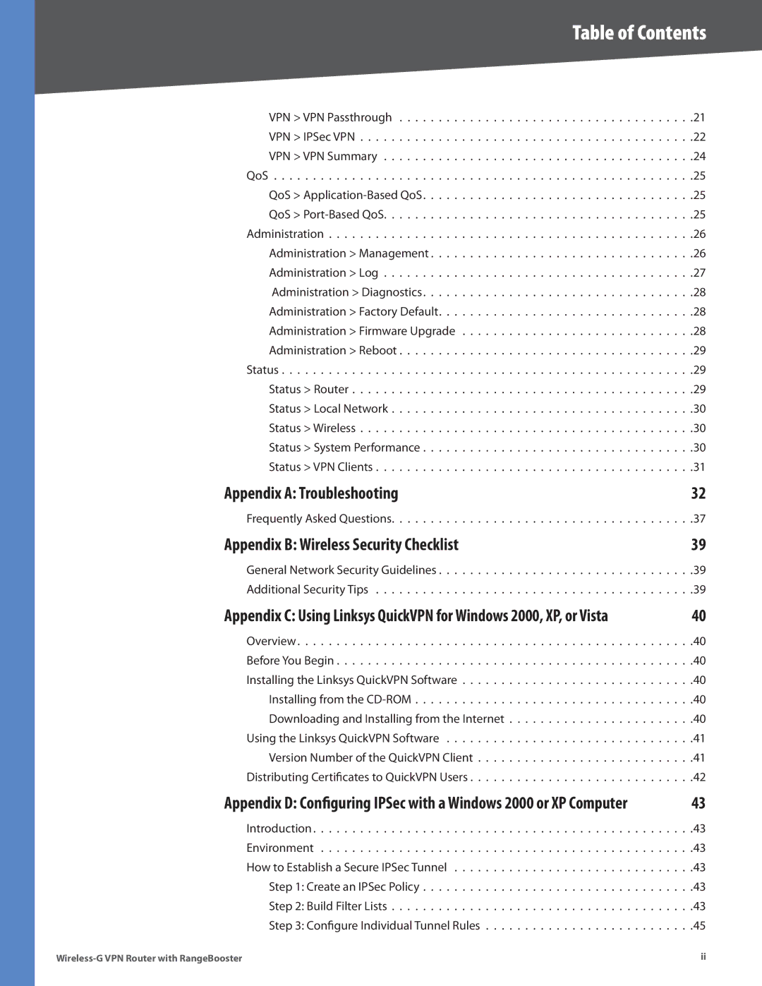 Linksys WRV200 manual Appendix a Troubleshooting, Appendix B Wireless Security Checklist 