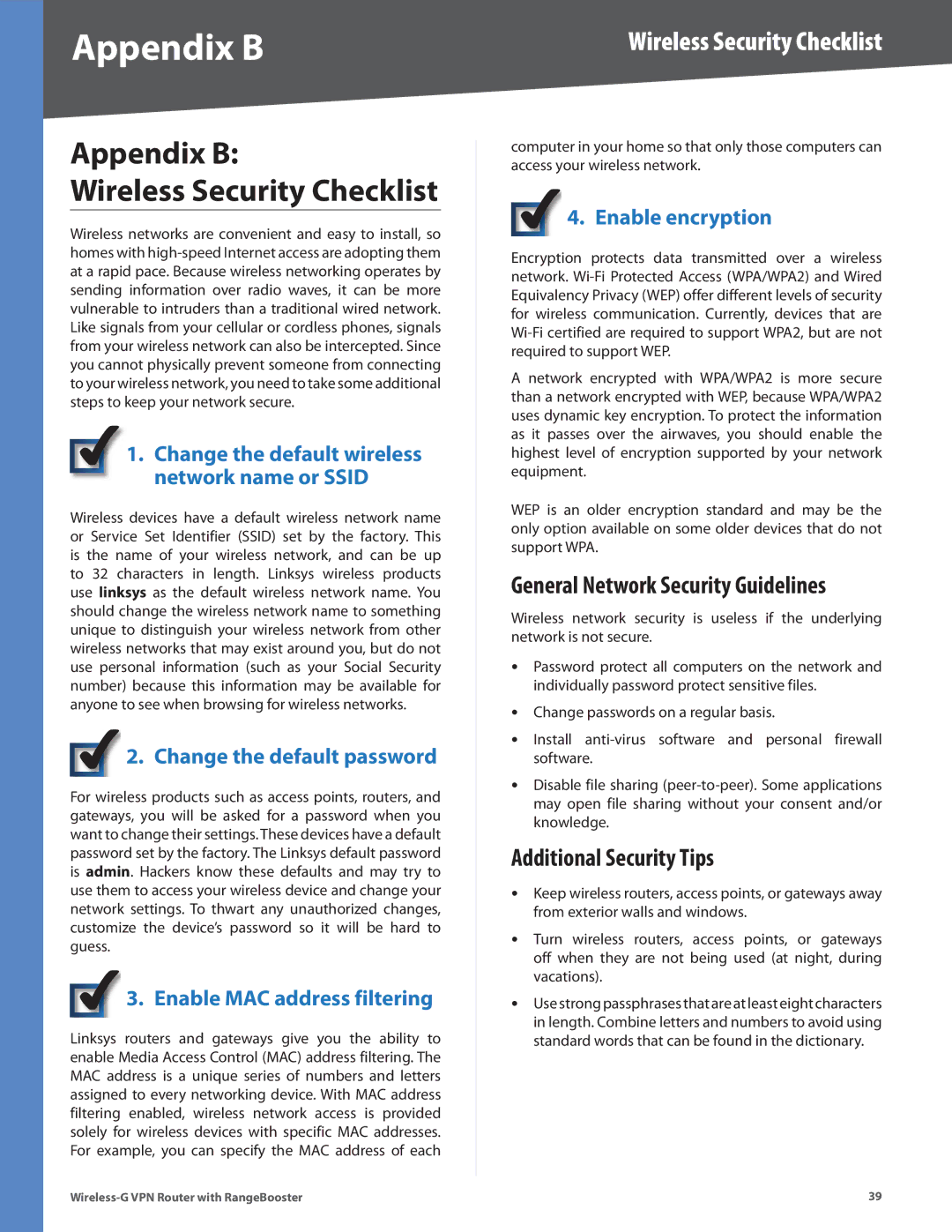 Linksys WRV200 Appendix B Wireless Security Checklist, General Network Security Guidelines, Additional Security Tips 