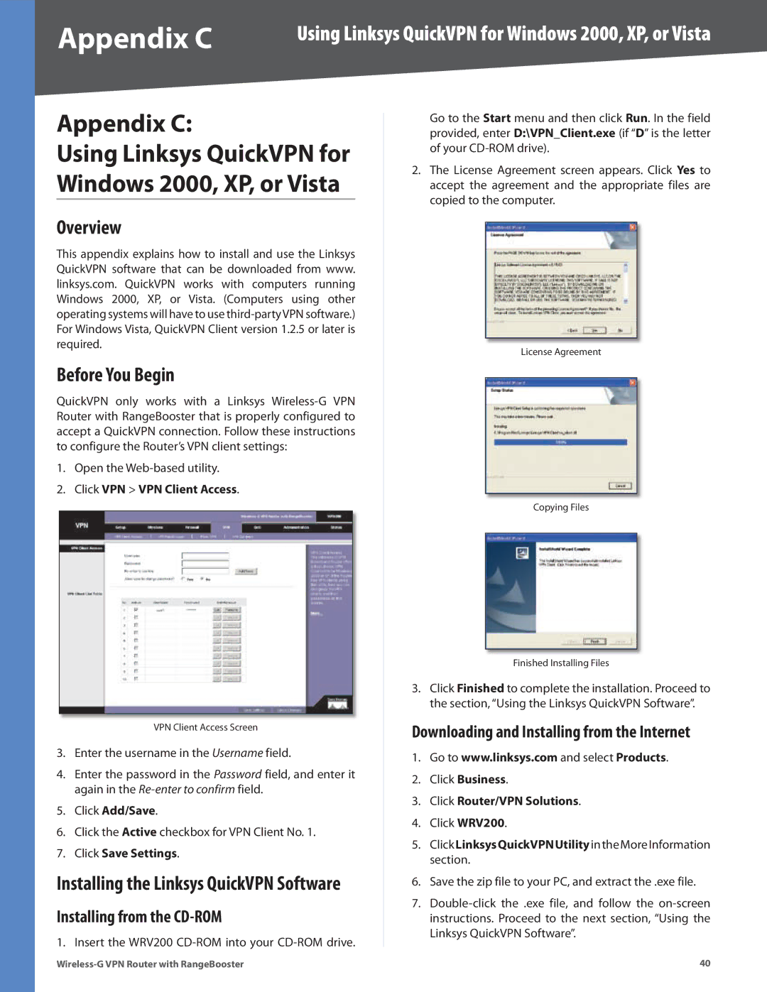 Linksys WRV200 manual Appendix C, Overview Before You Begin, Installing from the CD-ROM 