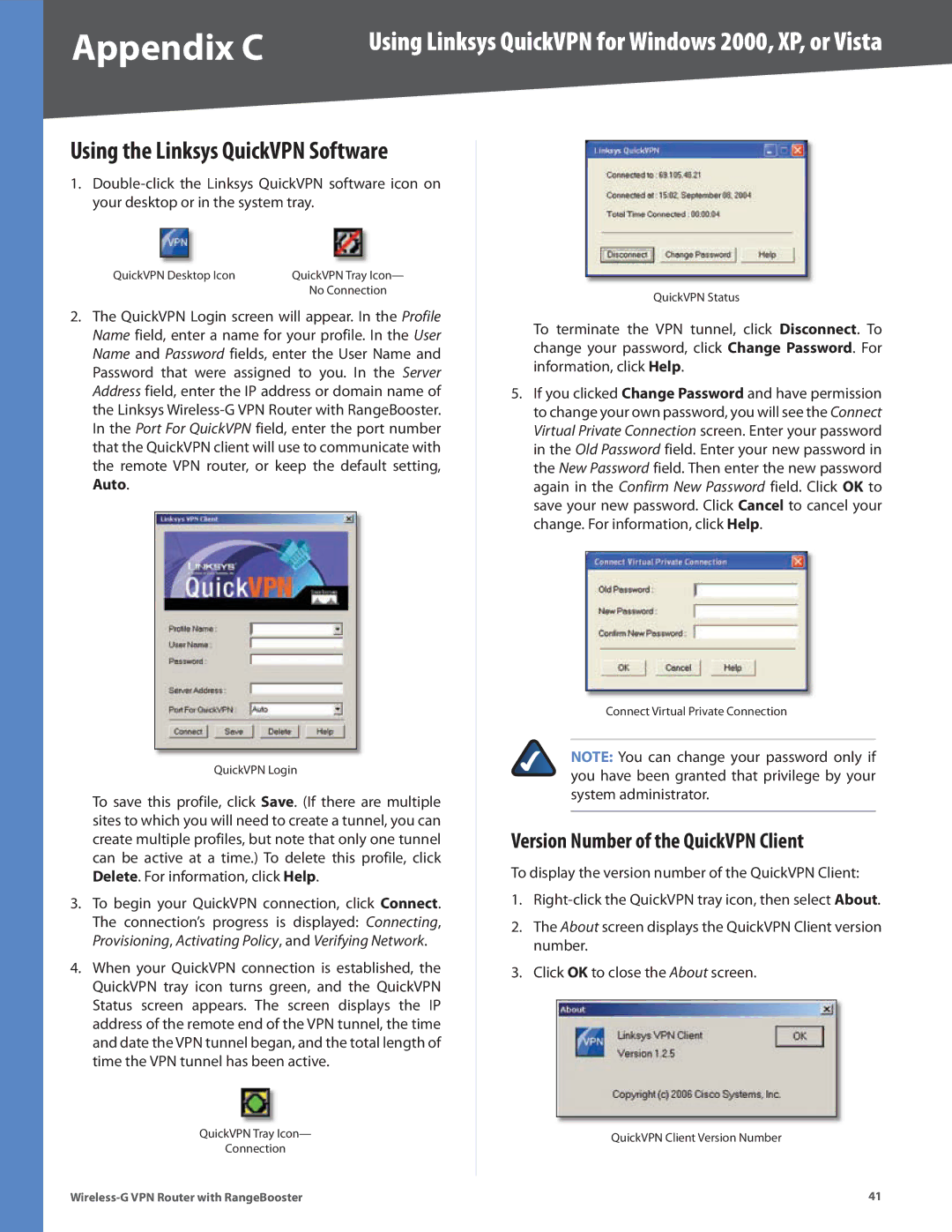 Linksys WRV200 manual Using the Linksys QuickVPN Software, Version Number of the QuickVPN Client 