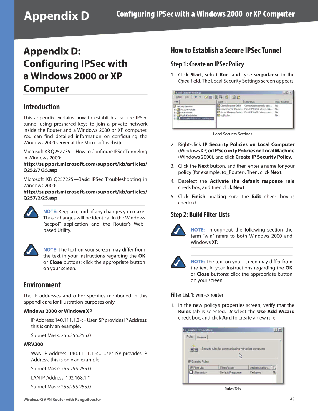 Linksys WRV200 manual Appendix D, Introduction, Environment, Create an IPSec Policy, Build Filter Lists 