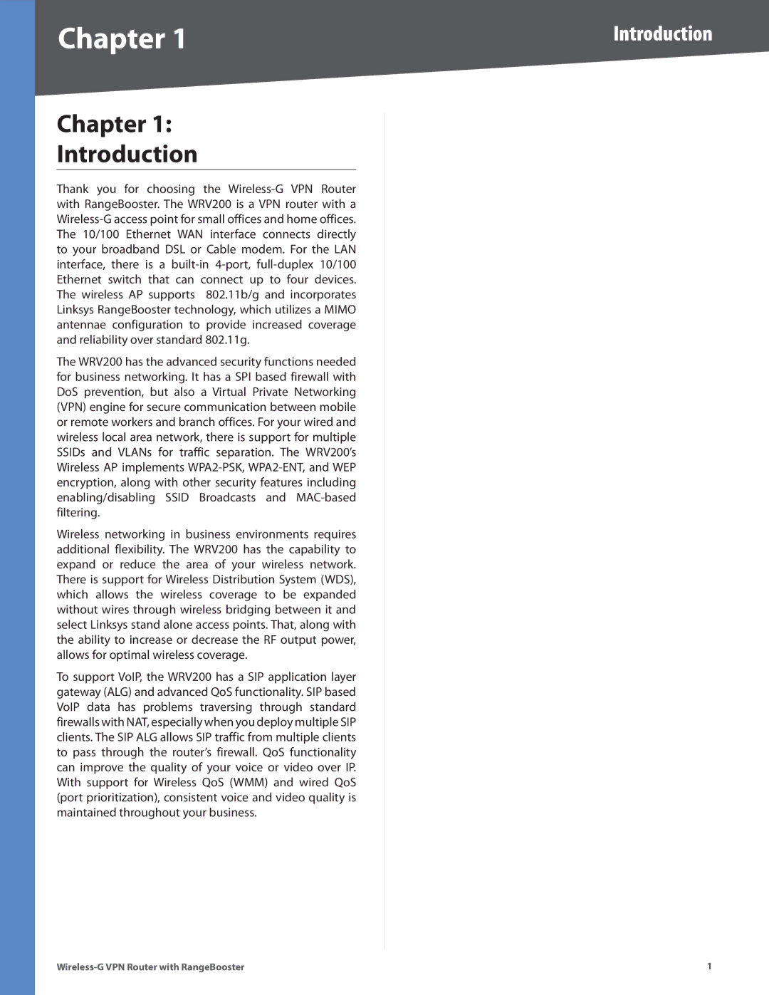 Linksys WRV200 manual Chapter, Introduction 