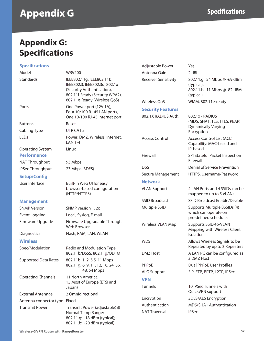 Linksys WRV200 manual Appendix G Specifications 