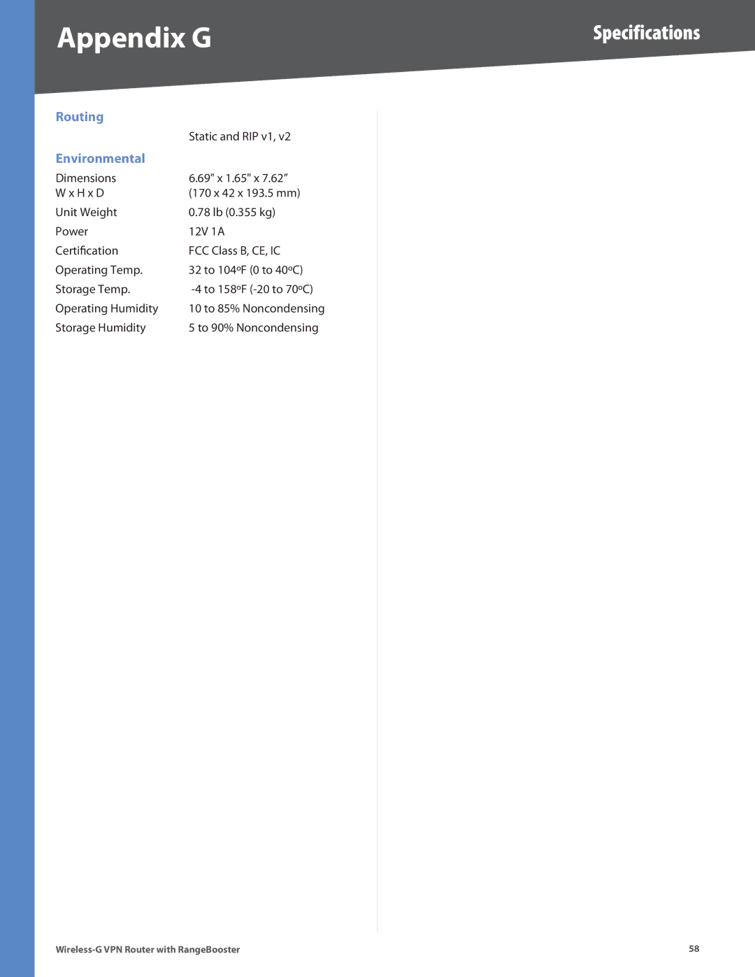 Linksys WRV200 manual Specifications 