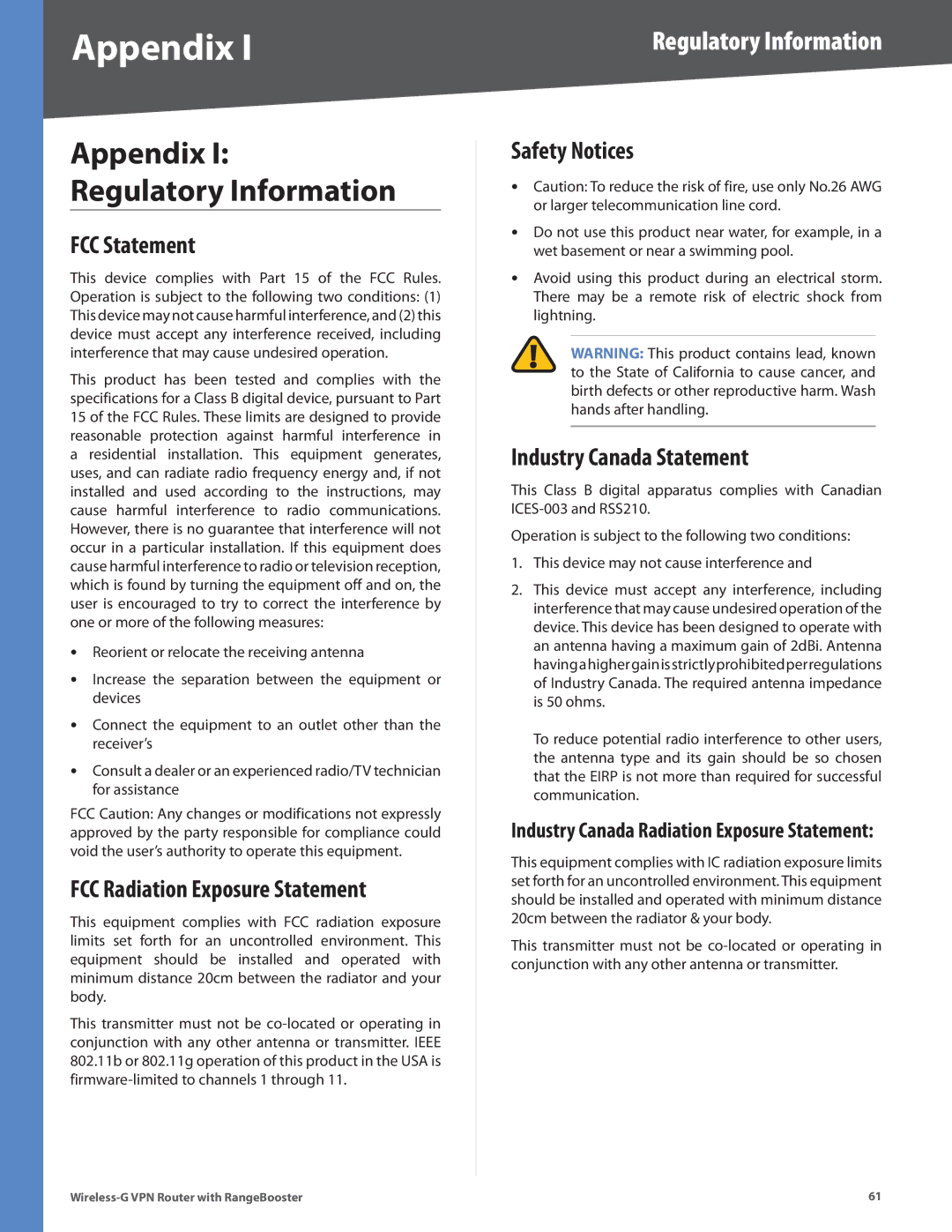 Linksys WRV200 manual Appendix, Regulatory Information 