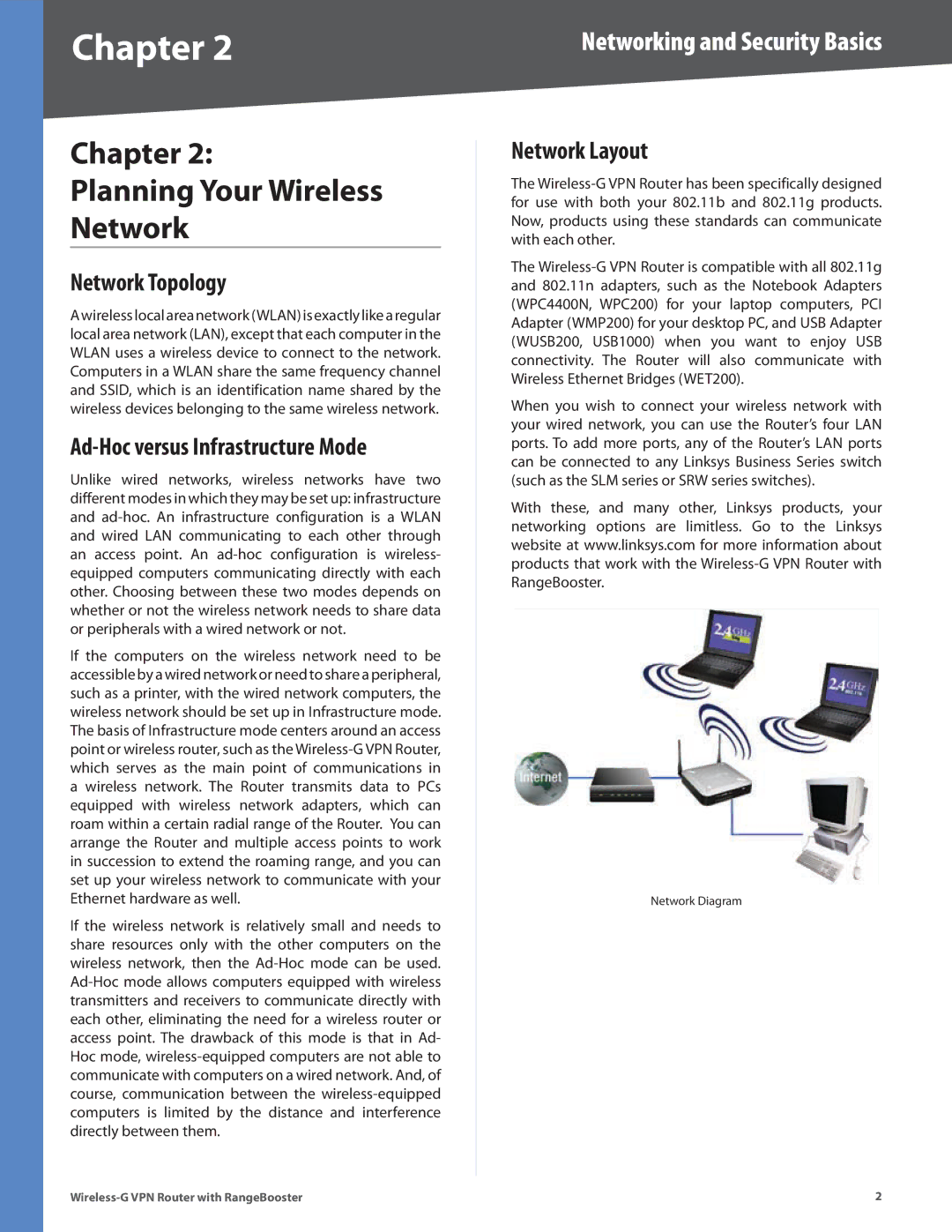 Linksys WRV200 Chapter Planning Your Wireless Network, Network Topology, Ad-Hoc versus Infrastructure Mode, Network Layout 