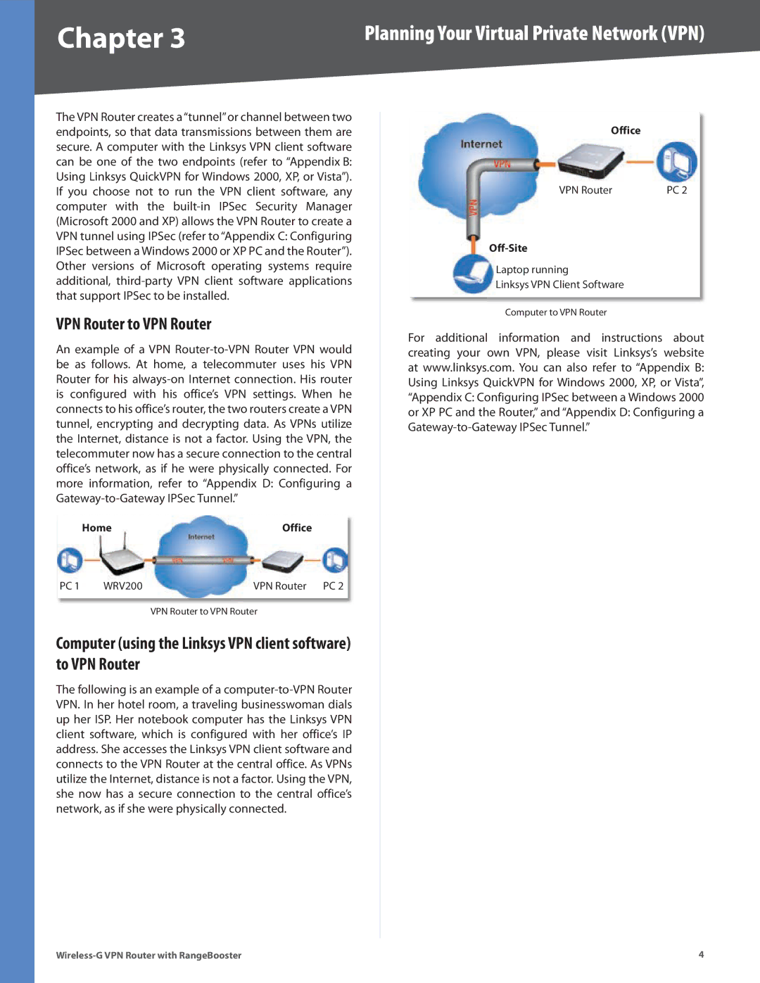 Linksys WRV200 manual VPN Router to VPN Router, Computer using the Linksys VPN client software to VPN Router 