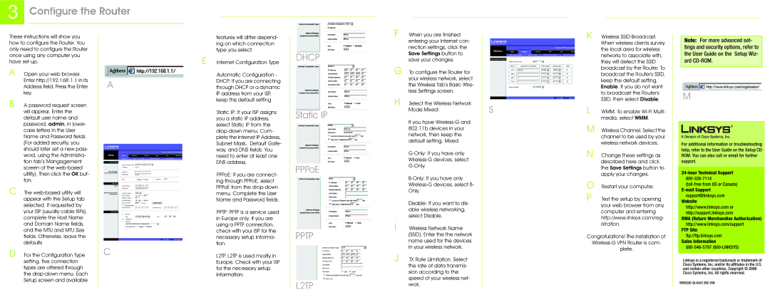 Linksys WRV200 manual Configure the Router, Dhcp, Pptp L2TP 