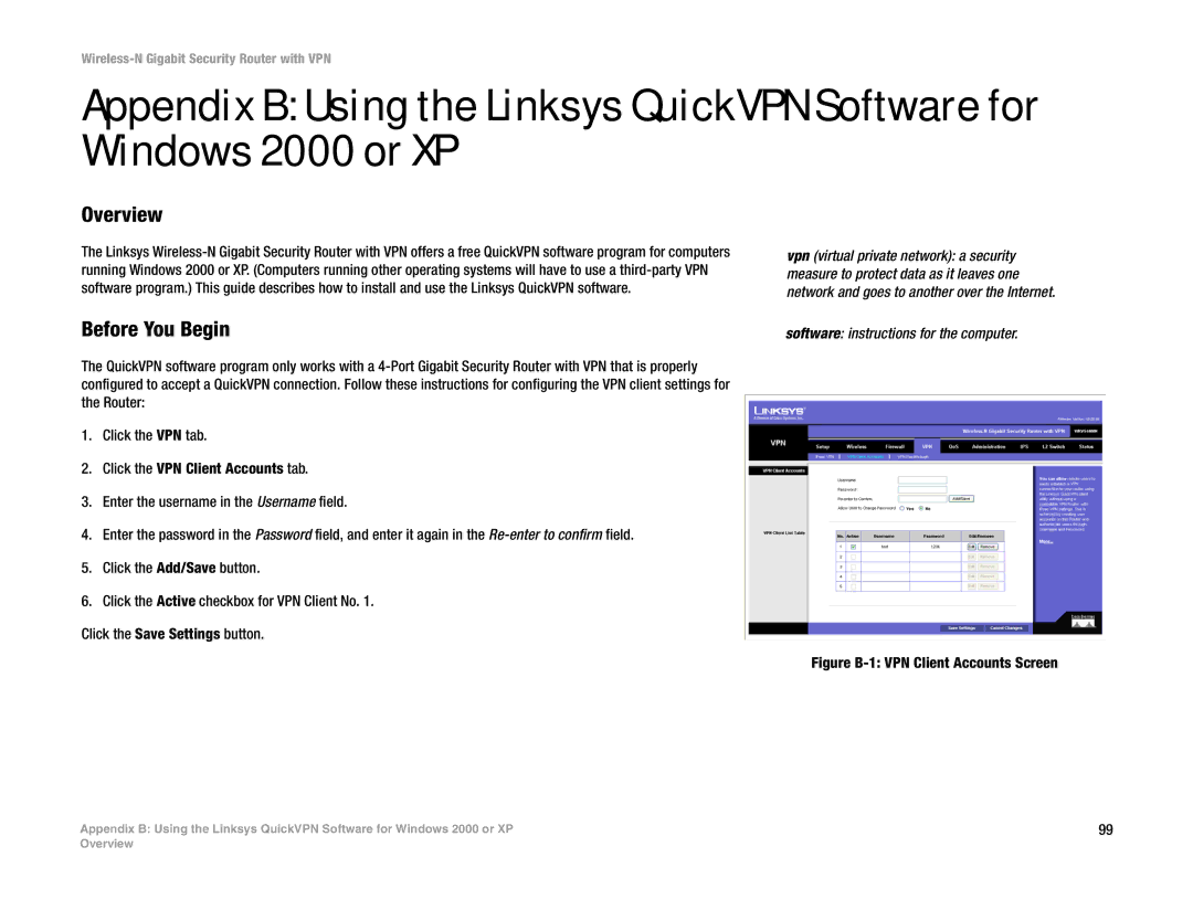 Linksys WRVS4400N manual Before You Begin, Figure B-1 VPN Client Accounts Screen 