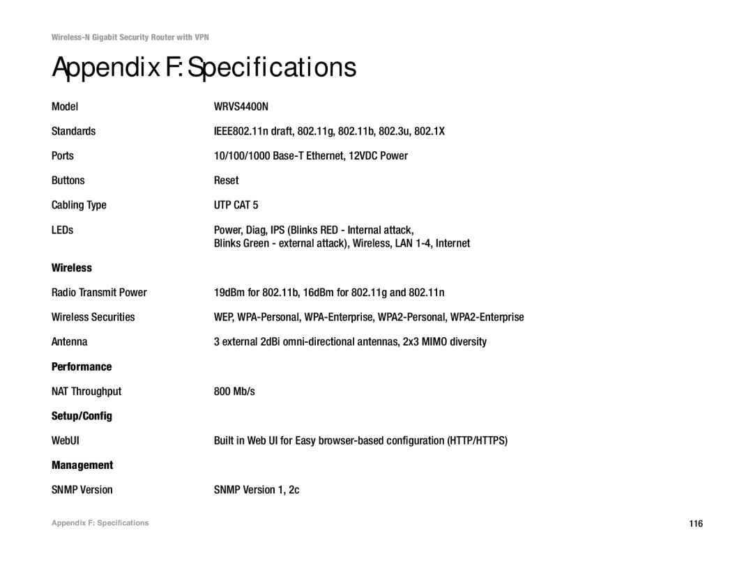 Linksys WRVS4400N manual Appendix F Specifications, Model, Management Snmp Version Snmp Version 1, 2c 