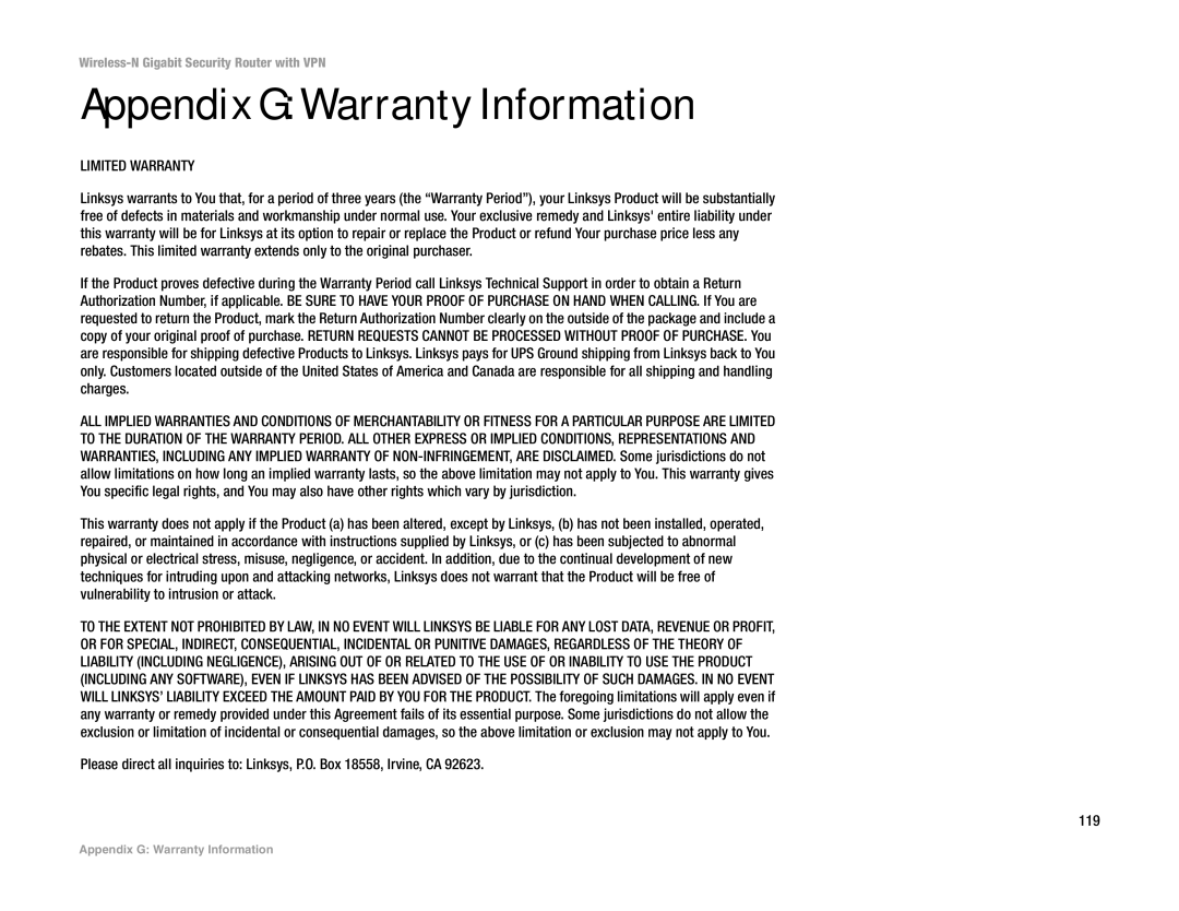 Linksys WRVS4400N manual Appendix G Warranty Information, Limited Warranty 