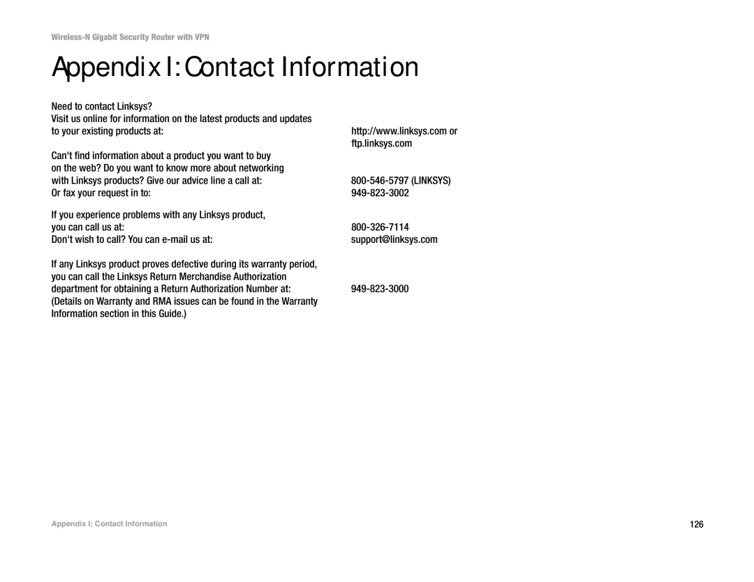 Linksys WRVS4400N manual Appendix I Contact Information, Need to contact Linksys?, Information section in this Guide 