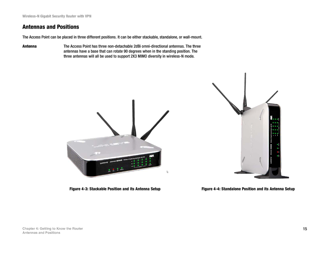 Linksys WRVS4400N manual Antennas and Positions, Stackable Position and its Antenna Setup 