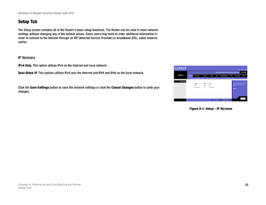 Linksys WRVS4400N manual Setup Tab, IP Versions 