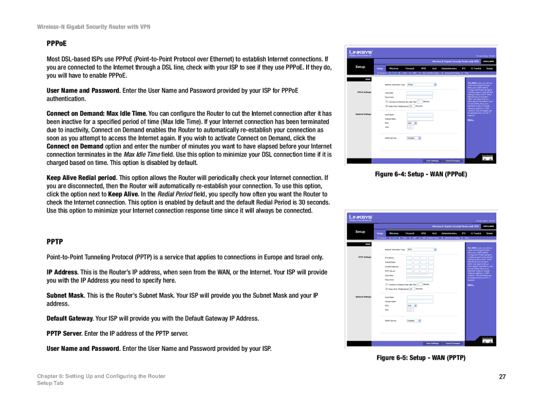 Linksys WRVS4400N manual PPPoE, Pptp 