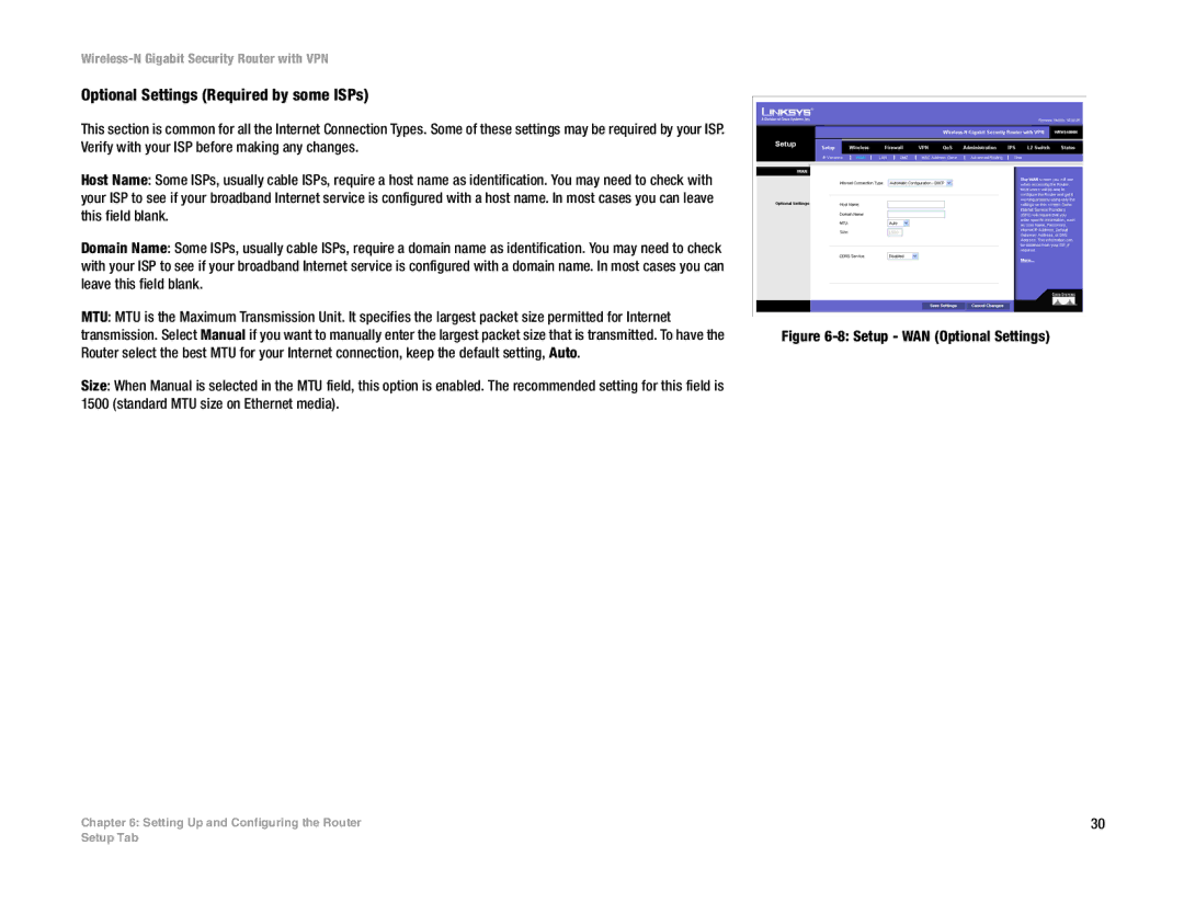 Linksys WRVS4400N manual Optional Settings Required by some ISPs, Setup WAN Optional Settings 