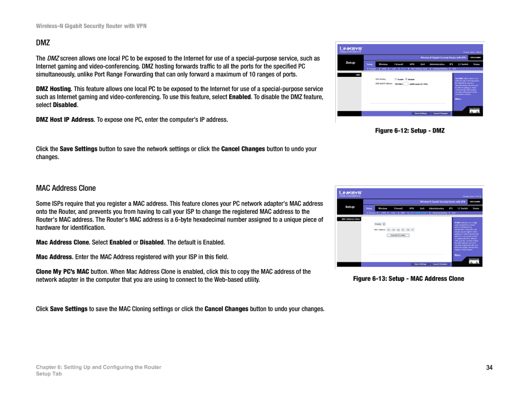 Linksys WRVS4400N manual Dmz, MAC Address Clone 