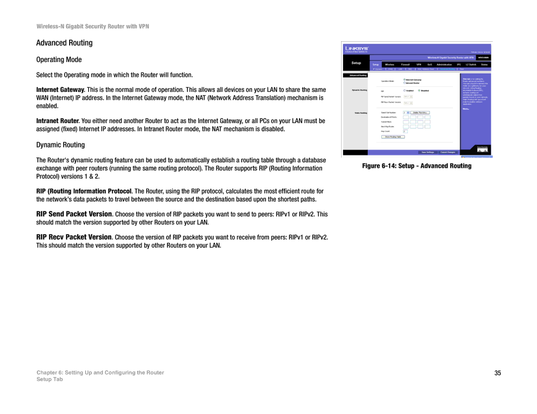 Linksys WRVS4400N manual Advanced Routing, Operating Mode, Dynamic Routing 