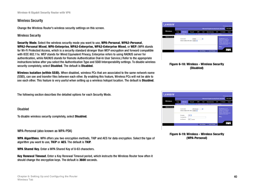 Linksys WRVS4400N manual Wireless Security, Disabled, WPA-Personal also known as WPA-PSK 