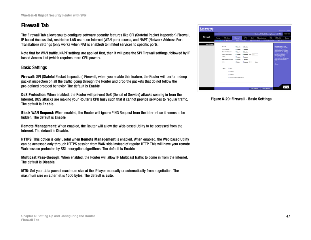 Linksys WRVS4400N manual Firewall Tab, Basic Settings 