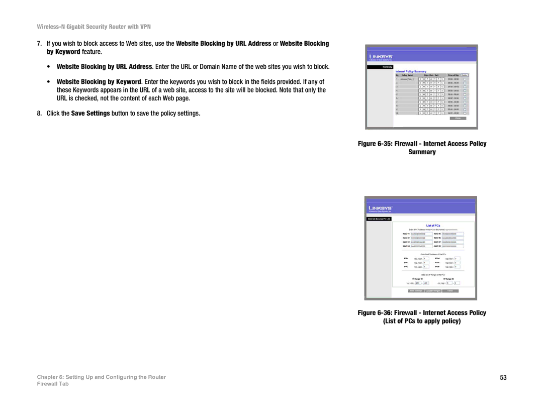 Linksys WRVS4400N manual Firewall Internet Access Policy Summary 