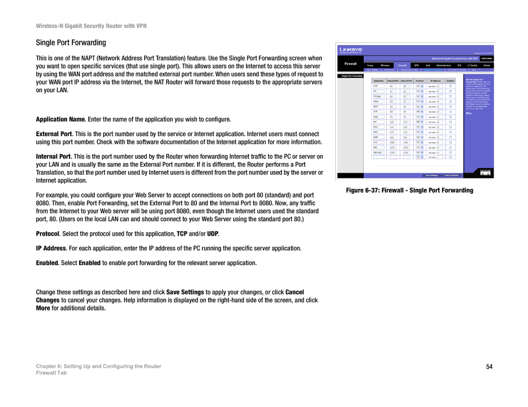 Linksys WRVS4400N manual Firewall Single Port Forwarding 