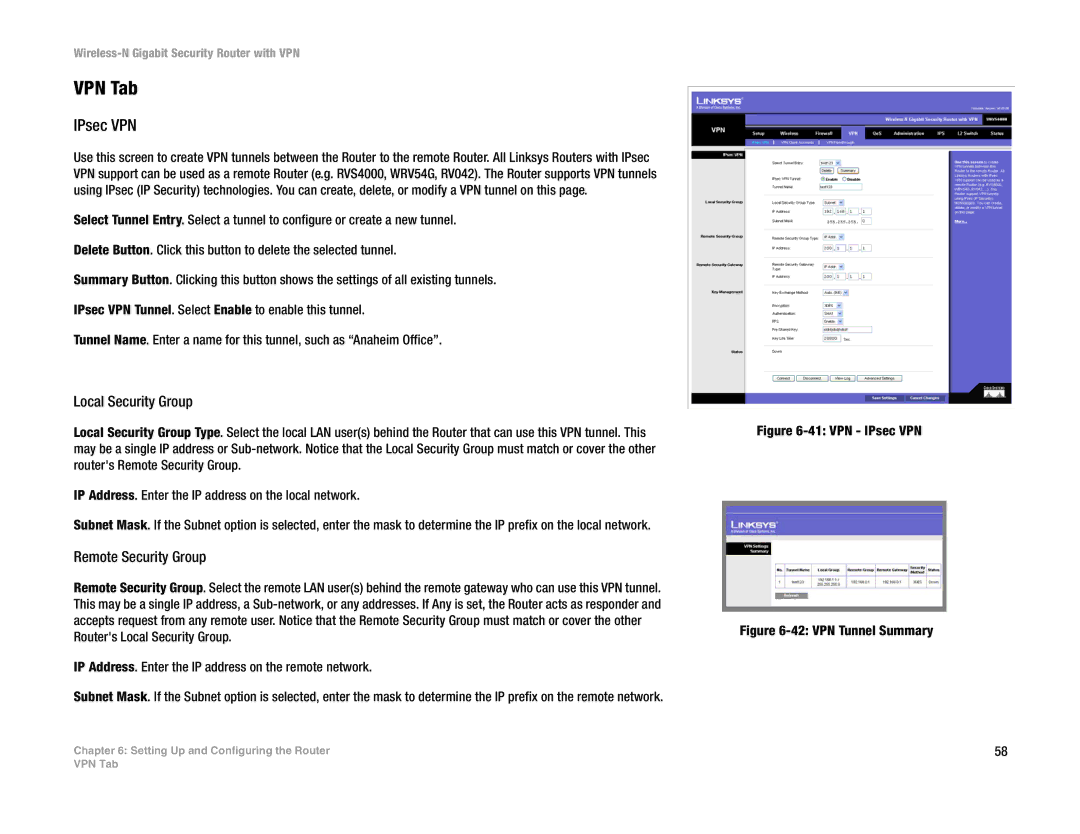 Linksys WRVS4400N manual VPN Tab, IPsec VPN, Local Security Group, Remote Security Group 