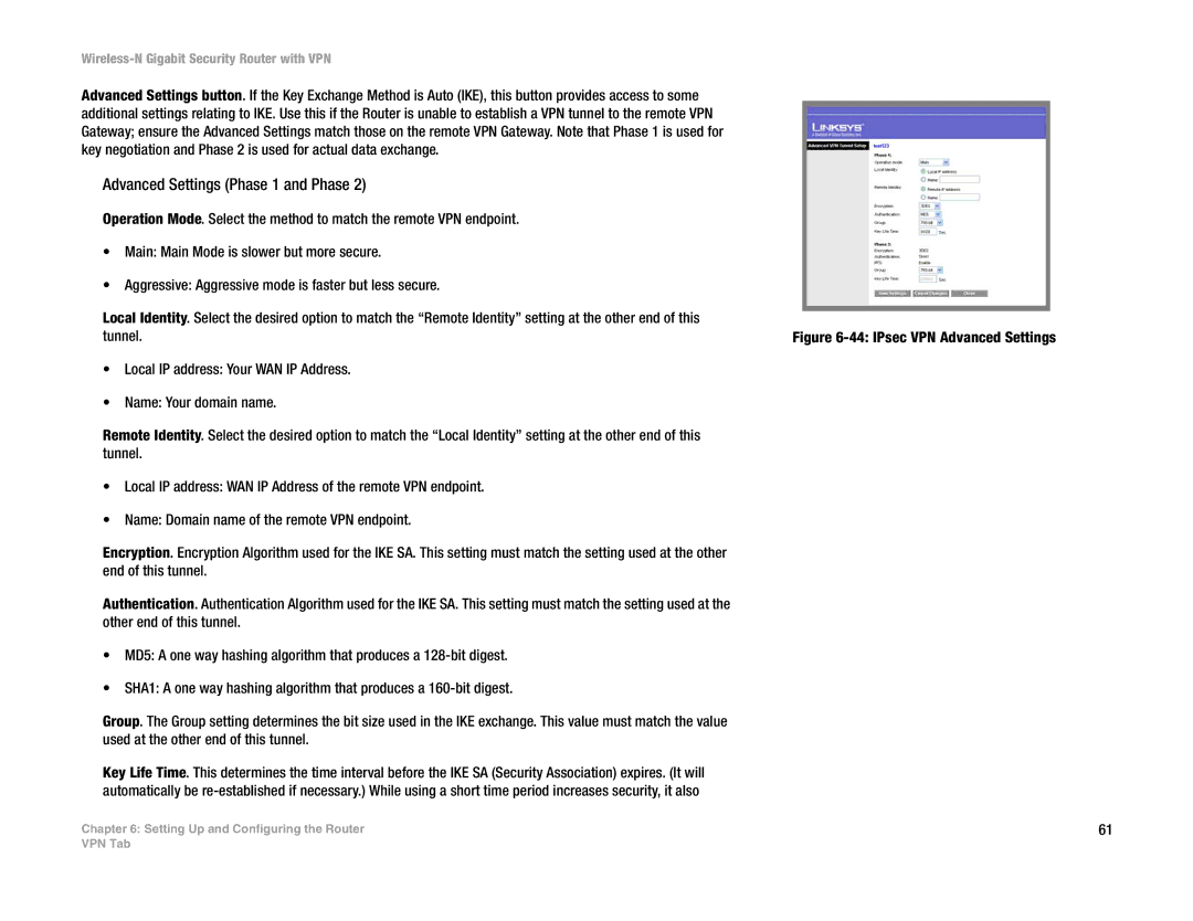 Linksys WRVS4400N manual Advanced Settings Phase 1 and Phase, IPsec VPN Advanced Settings 