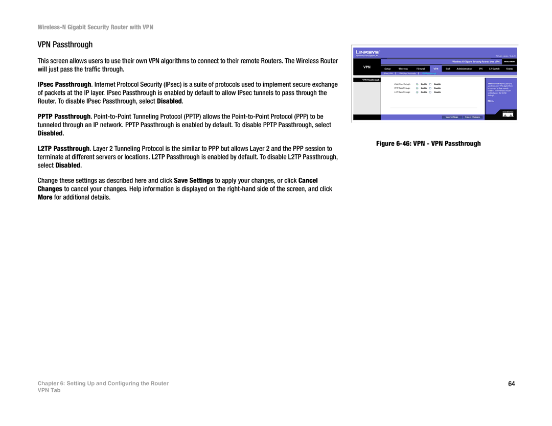 Linksys WRVS4400N manual VPN VPN Passthrough 
