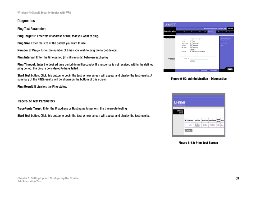 Linksys WRVS4400N manual Diagnostics, Ping Test Parameters, Traceroute Test Parameters 