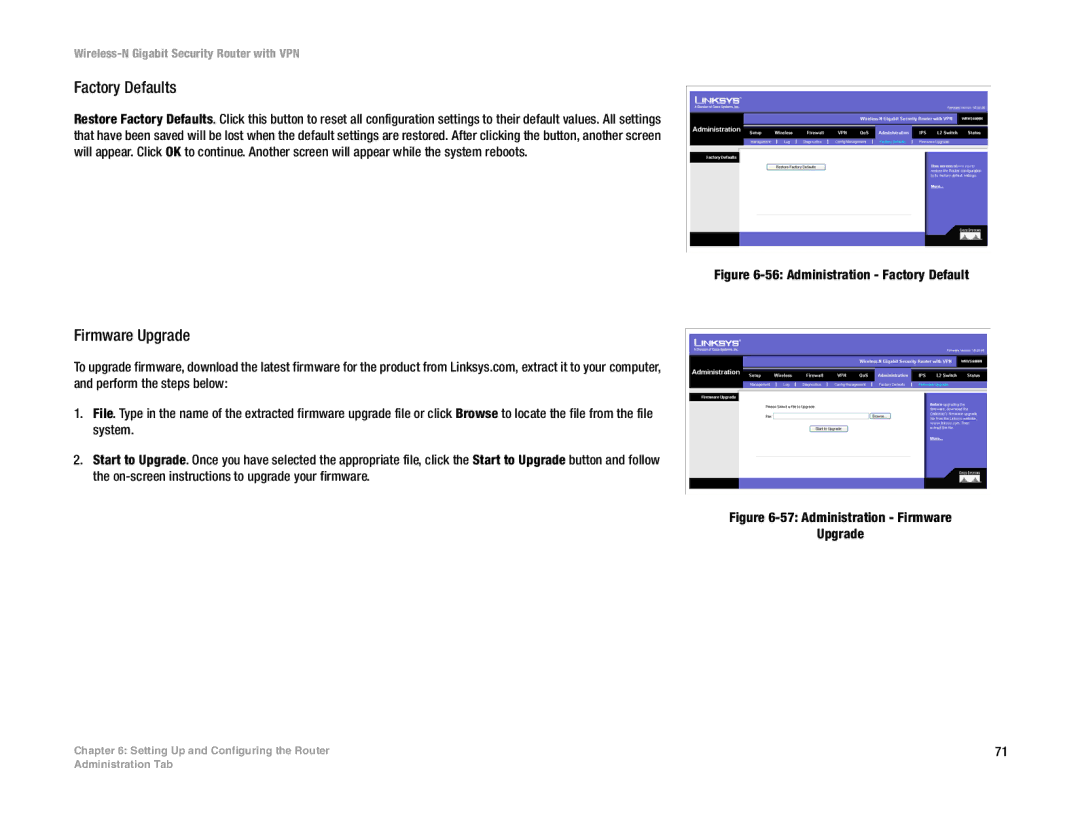 Linksys WRVS4400N manual Factory Defaults, Firmware Upgrade 