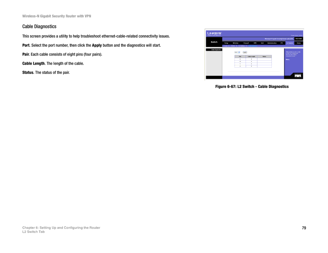 Linksys WRVS4400N manual 67 L2 Switch Cable Diagnostics 