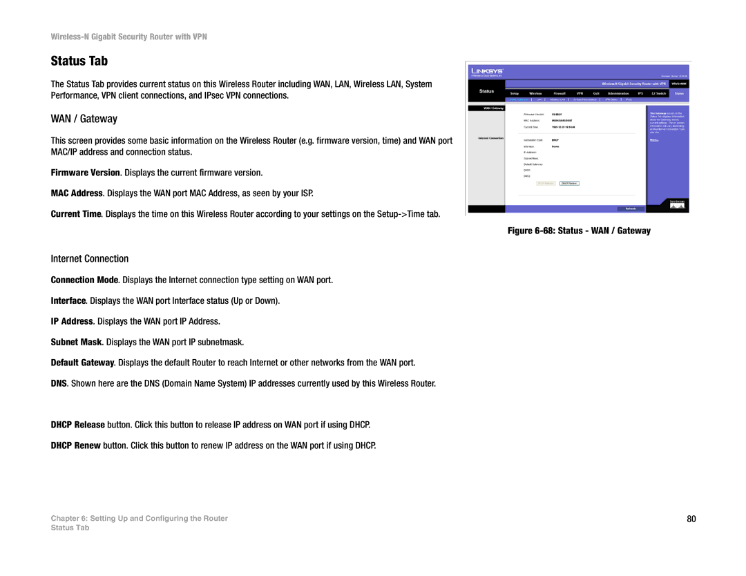 Linksys WRVS4400N manual Status Tab, WAN / Gateway, Internet Connection 