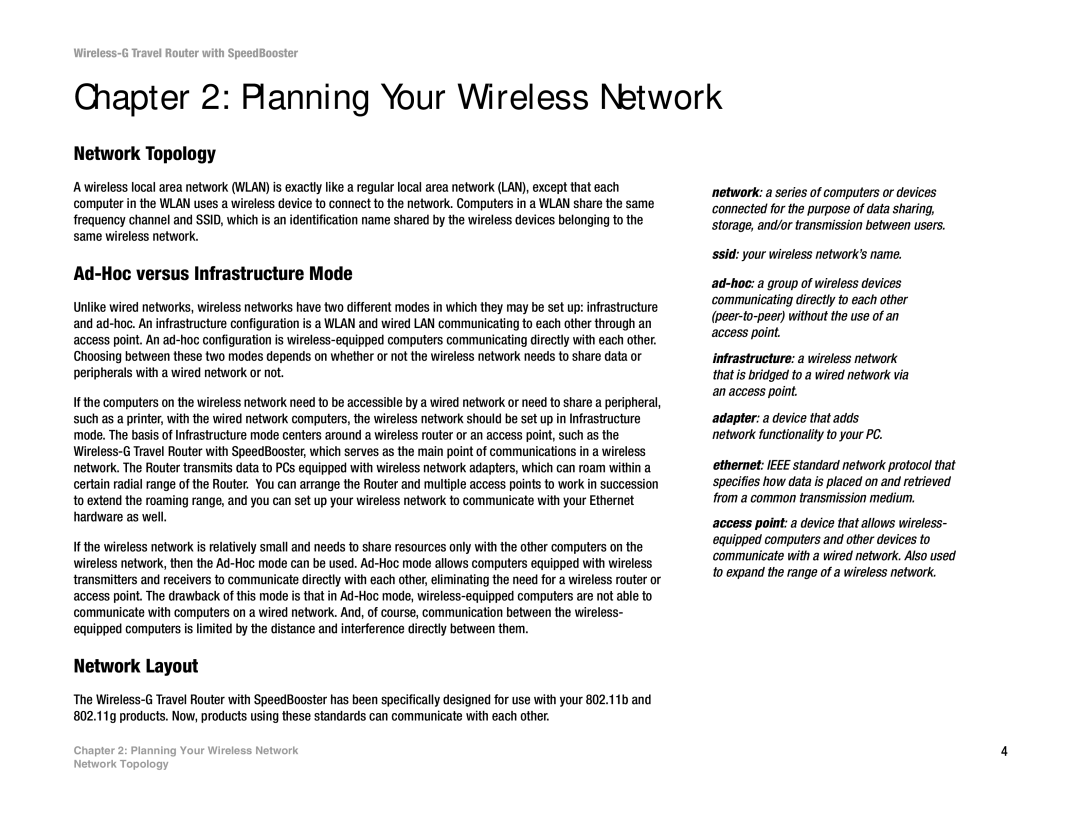 Linksys WTR54GS manual Planning Your Wireless Network, Network Topology, Ad-Hoc versus Infrastructure Mode, Network Layout 