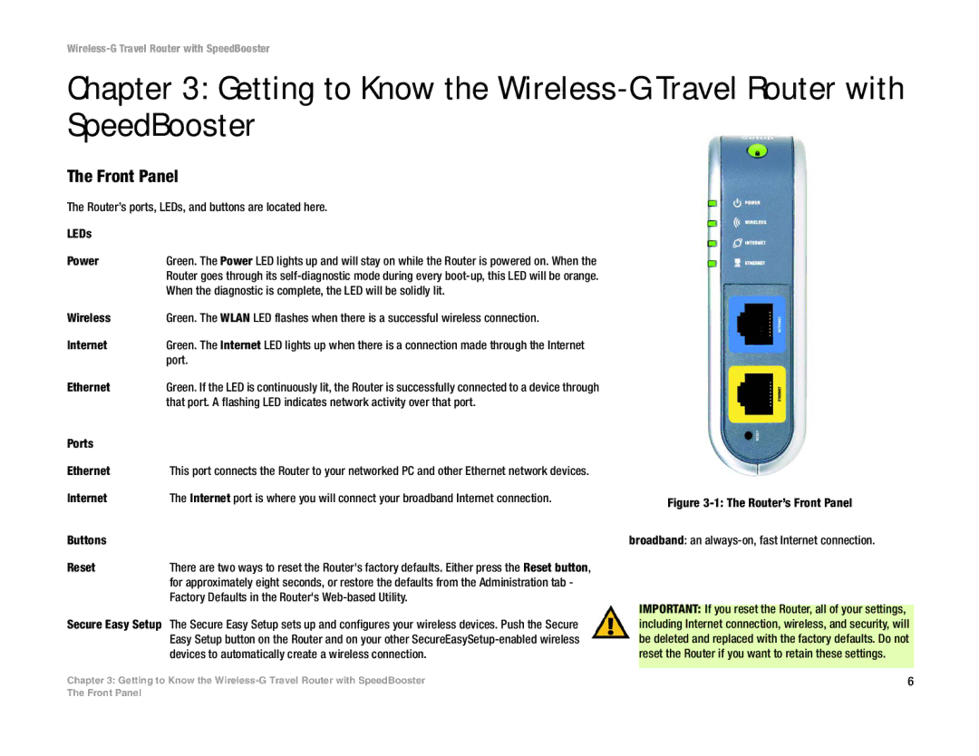 Linksys WTR54GS manual Front Panel, Router’s ports, LEDs, and buttons are located here Power 