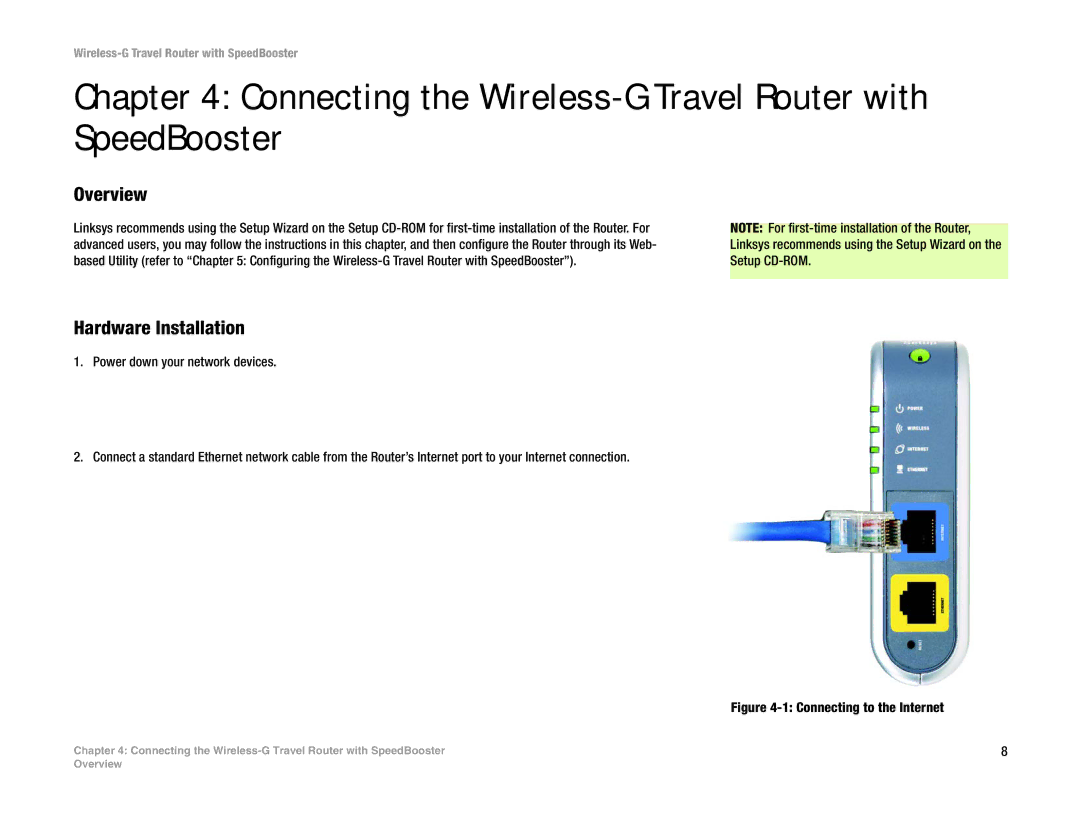 Linksys WTR54GS manual Connecting the Wireless-G Travel Router with SpeedBooster, Overview, Hardware Installation 