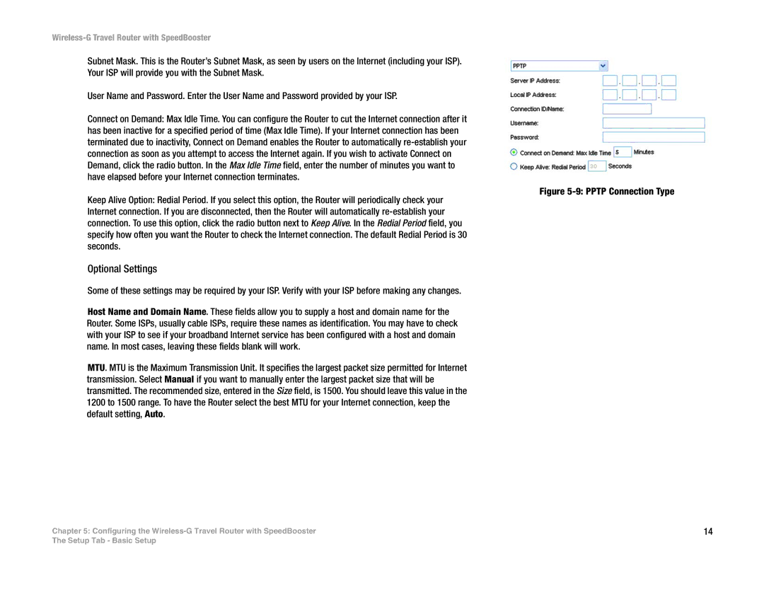 Linksys WTR54GS manual Optional Settings, Pptp Connection Type 