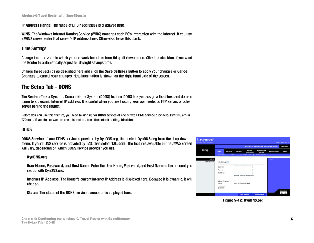 Linksys WTR54GS manual Setup Tab Ddns, Time Settings 