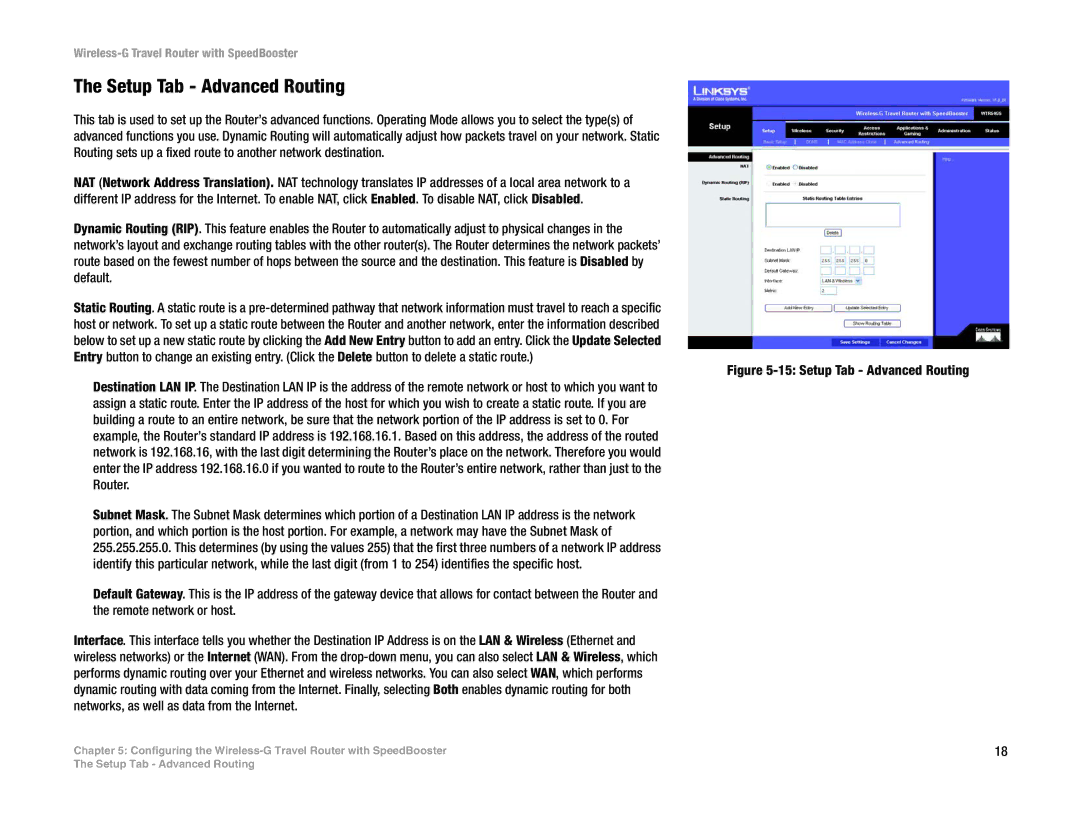 Linksys WTR54GS manual Setup Tab Advanced Routing 