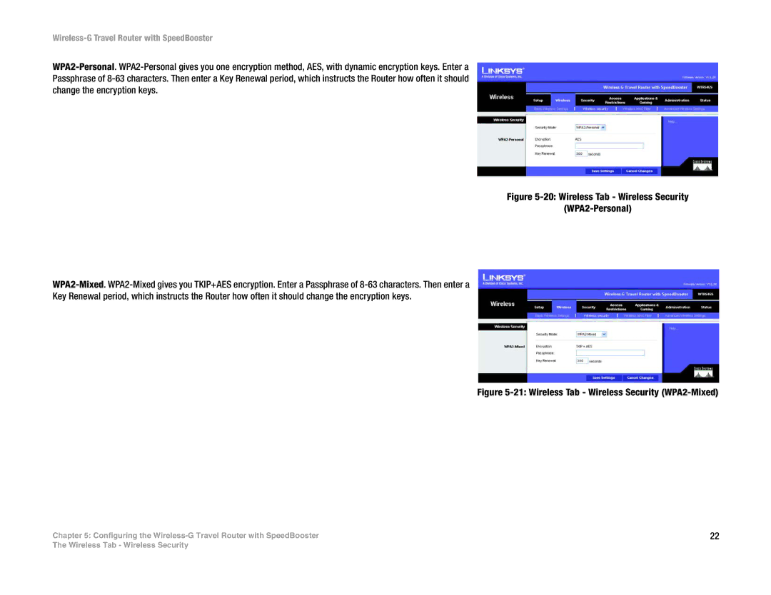 Linksys WTR54GS manual Wireless Tab Wireless Security WPA2-Mixed 